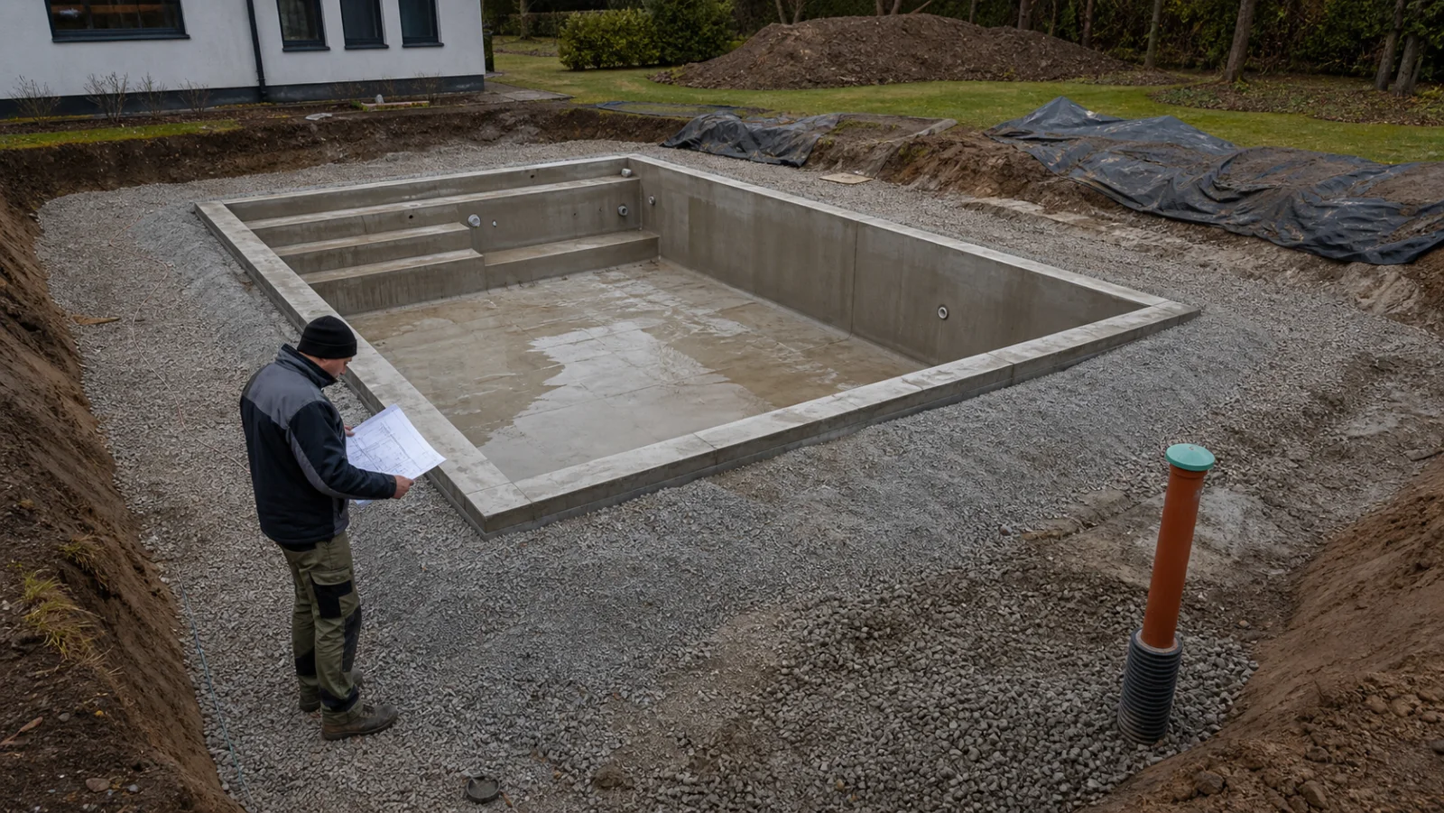 Poolbauer kontrolliert einen leeren Betonpool im Rohbau mit Drainagekies und Grundwasser-Kontrollrohr neben der Baugrube