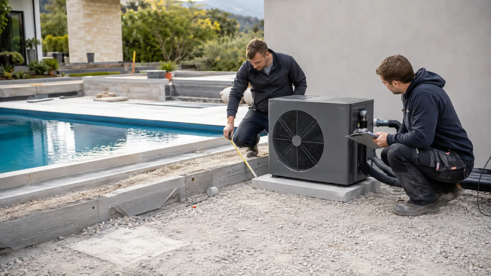 Pooltechniker messen neben einem Poolrohbau den freien Aufstellbereich einer Pool-Wärmepumpe auf einem Betonsockel