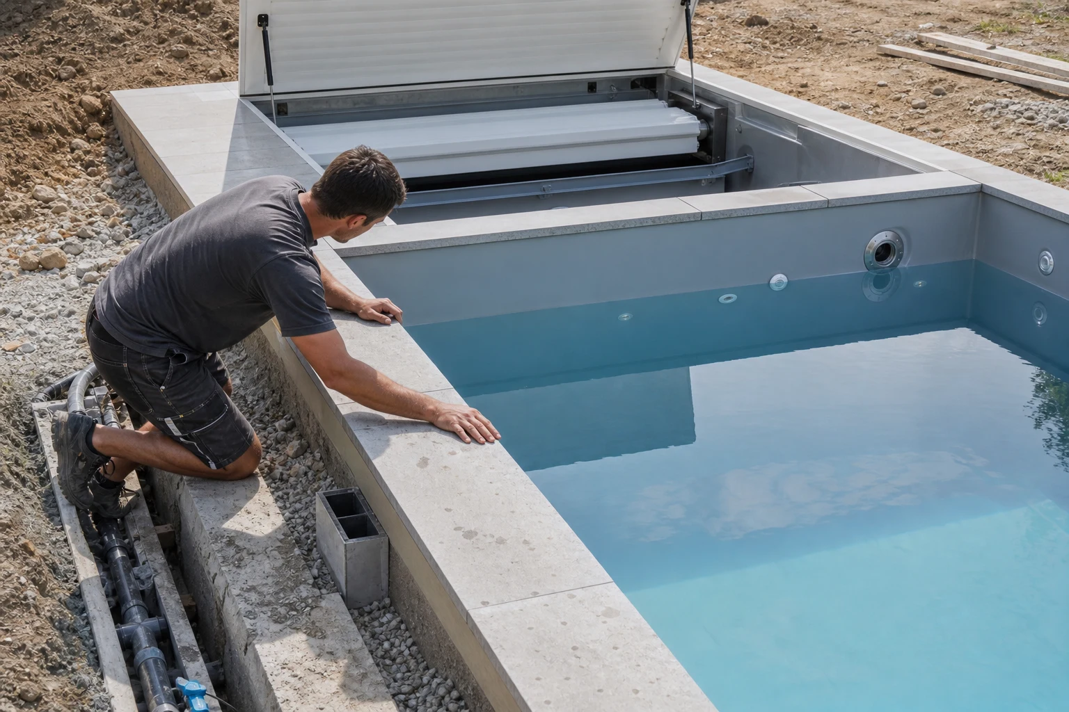 Poolbauer prueft an einem Neubaupool den geoeffneten Rollladenschacht und die Wasserstandslinie am Beckenrand