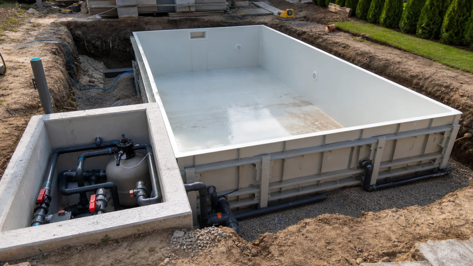 Realistische Baustellenaufnahme eines privaten Poolbaus im Garten: Ein Poolbecken im Rohbau mit sichtbaren Einbauteilen (Skimmeröffnung und Einlaufdüsen), daneben ein sauberer Technikschacht mit verlegten PVC-Rohren und Absperrventilen; Tageslicht, keine Logos, keine Beschriftungen, keine Texte im Bild