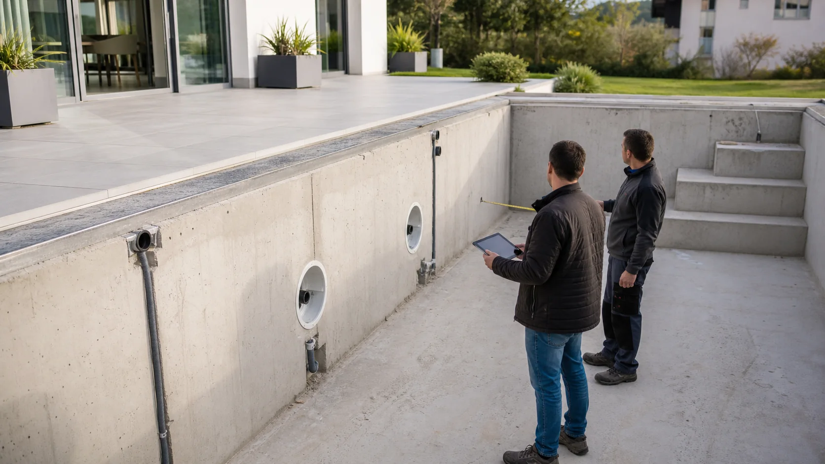 Poolplaner und Bautechniker prüfen in einem trockenen Betonbecken zwei Leuchtennischen, Kabelwege und die Blickrichtung zur Terrasse