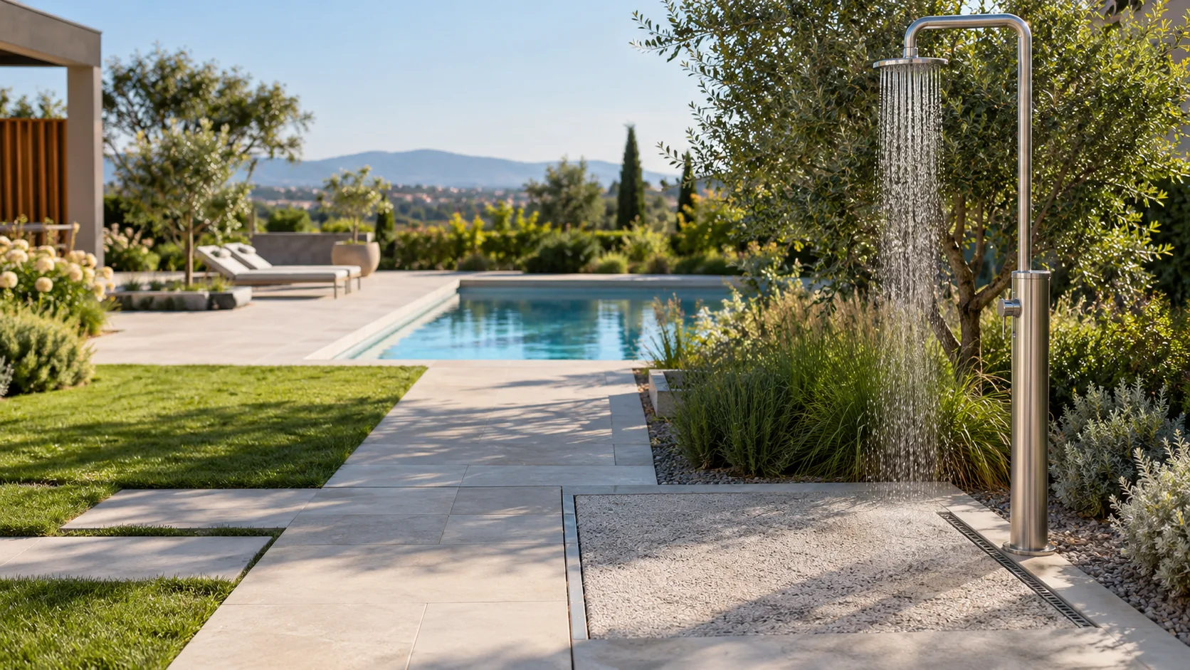 Freistehende Außendusche neben einem privaten Pool mit rutschhemmender Abtropfzone und bepflanztem Randstreifen