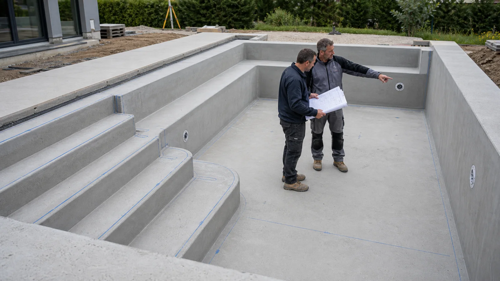 Poolplaner und Bautechniker prüfen im trockenen Betonbecken eine breite Treppe, Sitzbank, gerundete Anschlüsse und Einströmpunkte