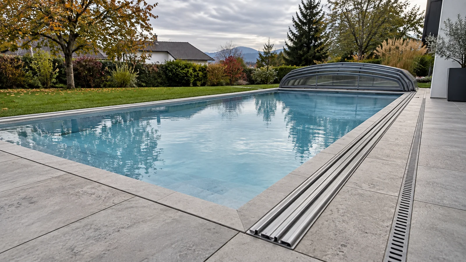 Niedrige zusammengeschobene Poolüberdachung am Beckenende mit seitlicher Aluminiumschiene und Entwässerungsrinne an der Steinterrasse