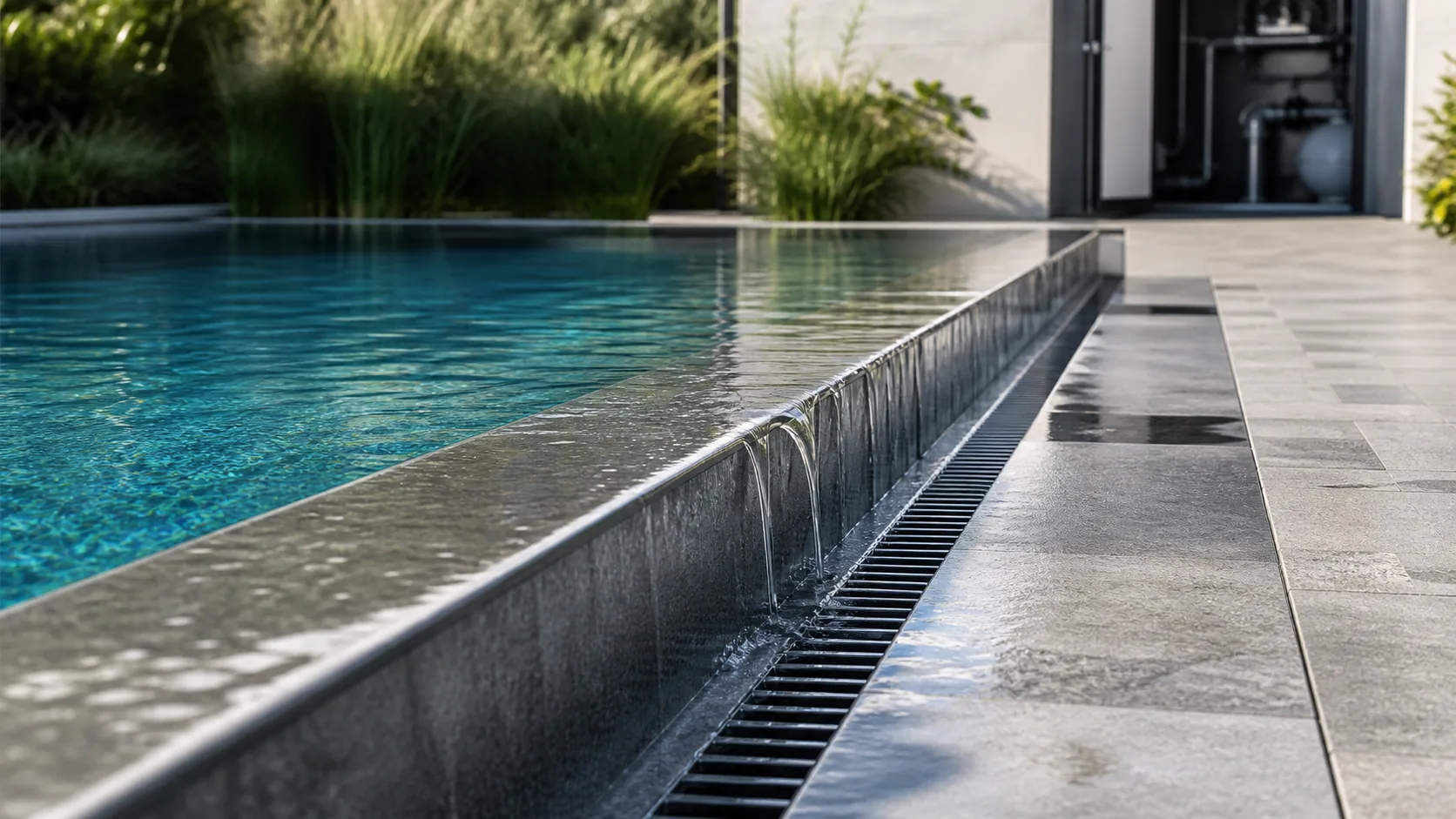 Detailaufnahme eines modernen privaten Pools mit Überlaufrinne: Wasser läuft gleichmäßig über die Kante in eine umlaufende Rinne; im Hintergrund ist ein sauberer Technikbereich angedeutet, keine Logos, kein Text im Bild