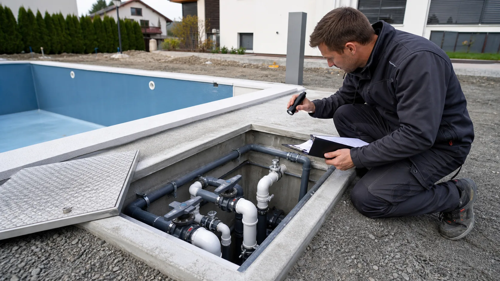 Pooltechniker prueft offenen Technikschacht mit Rohrleitungen, Ventilen und Servicezugang neben einem privaten Poolrohbau